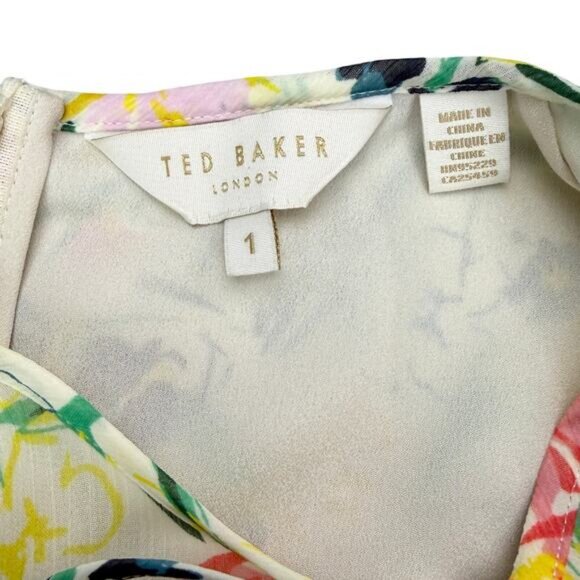 TED BAKER Harriss Floral Chiffon Sleeveless Mini Dress Size 4 Tie Neck Pockets - Picture 8 of 9